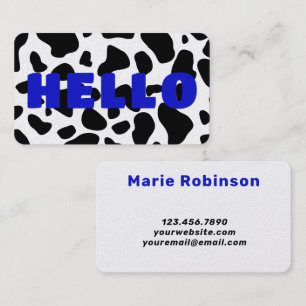 HELLO Cow Print Black White royal blue Business Card