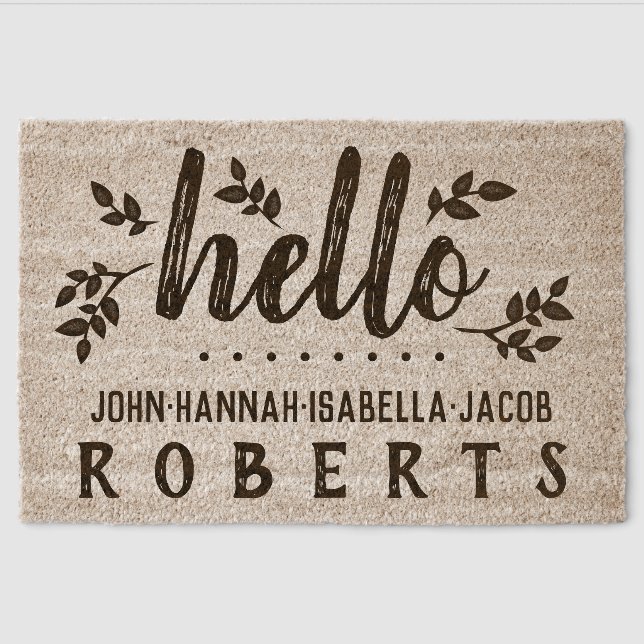 Hello Cursive Leaves Personalized Family Name Fiber Doormat (Front)
