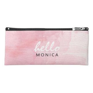 Hello + Custom Name Watercolor Pastel Pink Pencil Case
