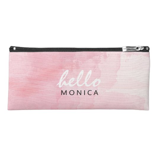 Hello + Custom Name Watercolor Pastel Pink Pencil Case (Front)
