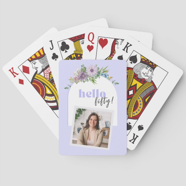 Hello (Custom Year) - Purple Florals 50th Poker Cards (Back)