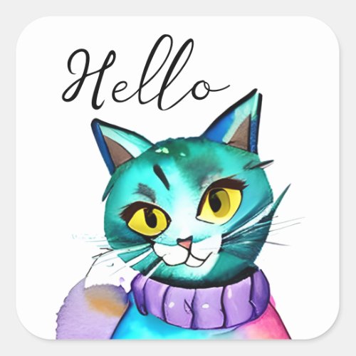 Hello  Cute Blue Kitty Cat Square Sticker