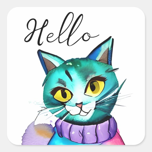 Hello | Cute Blue Kitty Cat Square Sticker (Front)