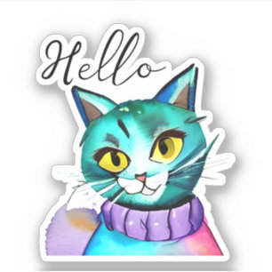 Hello Cute Blue Kitty Cat Sticker