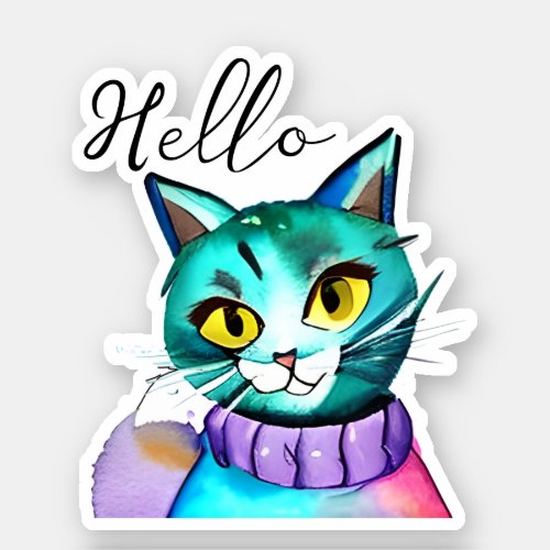 Hello  Cute Blue Kitty Cat Sticker