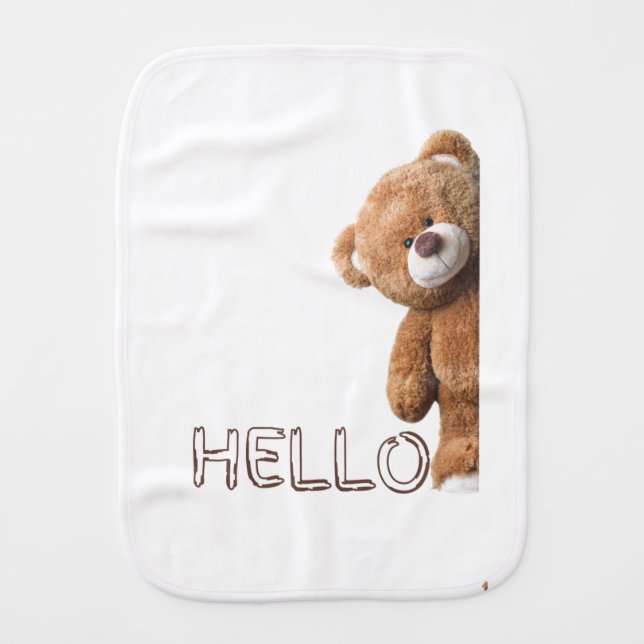 Hello Cute Brown Teddy Bear      Baby Burp Cloth (Front)