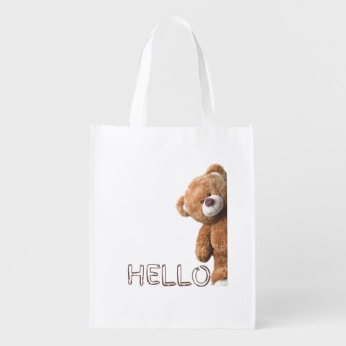 Hello Cute Brown Teddy Bear  Grocery Bag