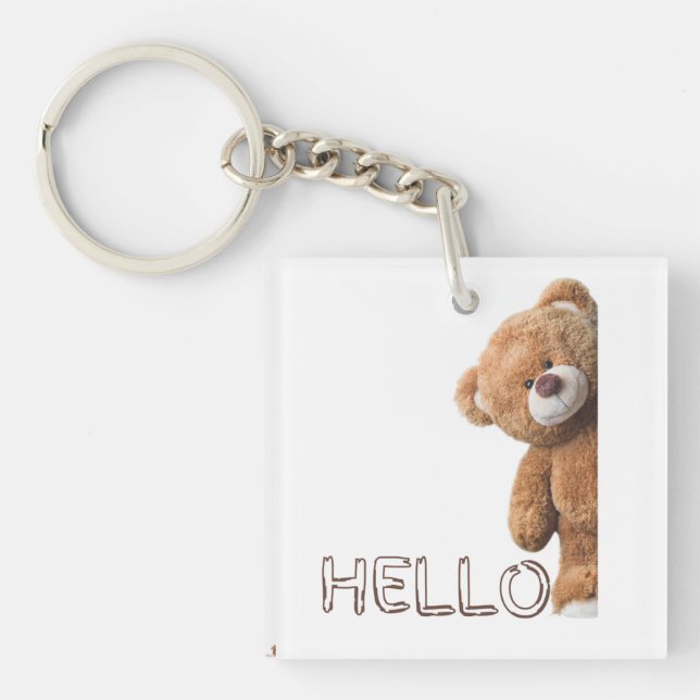 Hello Cute Brown Teddy Bear         Keychain (Front)