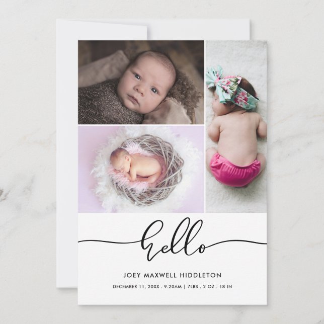 Hello Cute Casual Script Birth Announcement (Front)