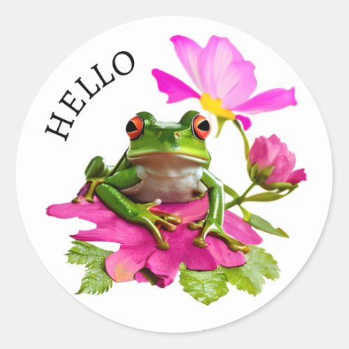 Hello Cute Frog or Toad on Pink Flowers Classic Round Sticker