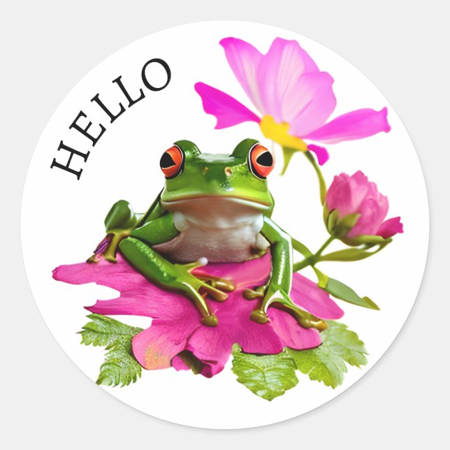 Hello! Cute Frog or Toad on Pink Flowers Classic Round Sticker (Front)