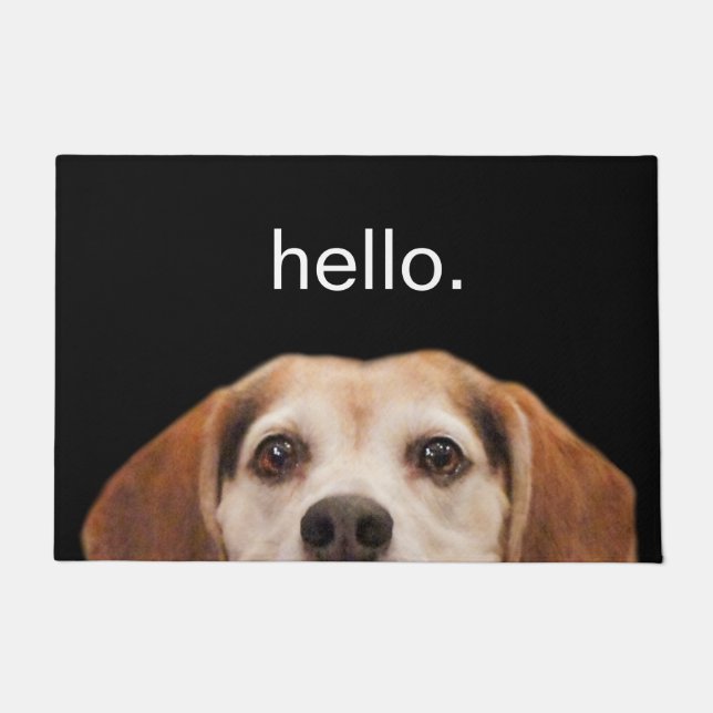 Hello Cute Funny Beagle Dog Face Black Doormat (Front)