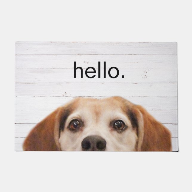 Hello Cute Funny Beagle Dog Face White Wood Doormat (Front)