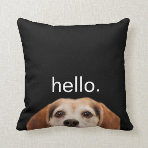 Hello Cute Funny Smiling Beagle Dog Modern Black Throw Pillow