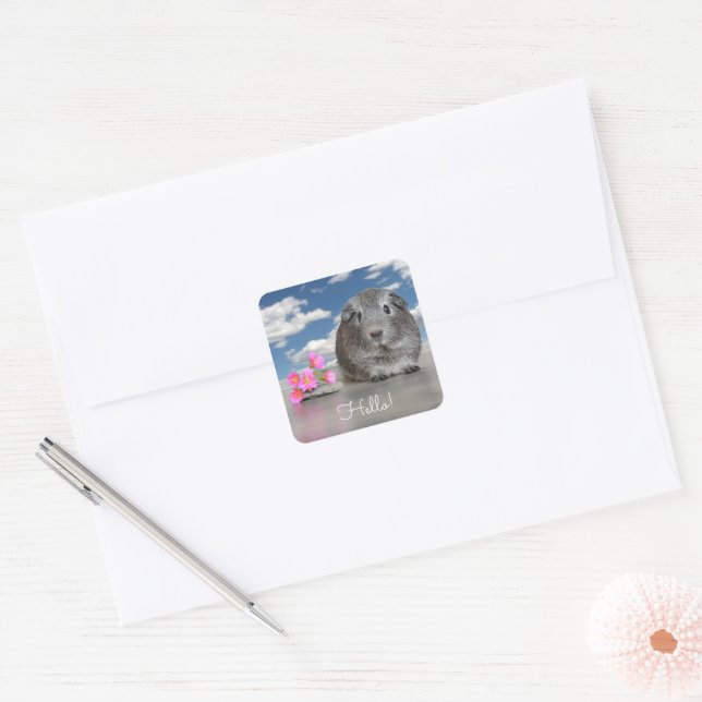 Hello Cute Gray Guinea Pig Pink Flowers Custom Square Sticker (Envelope)