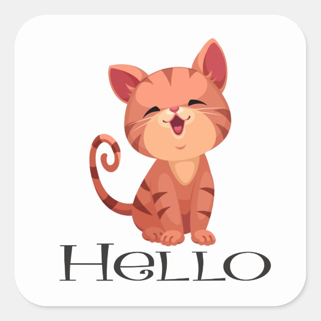 Hello Cute Kitten Cat Orange Tabby Kitty Love Square Sticker (Front)