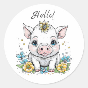 Hello! Cute Pig with Flower on her Head Classic Round Sticker