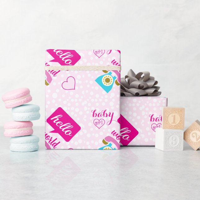 Hello Cute Pink Baby Girl or Personalize Wrapping Paper (Baby Shower)