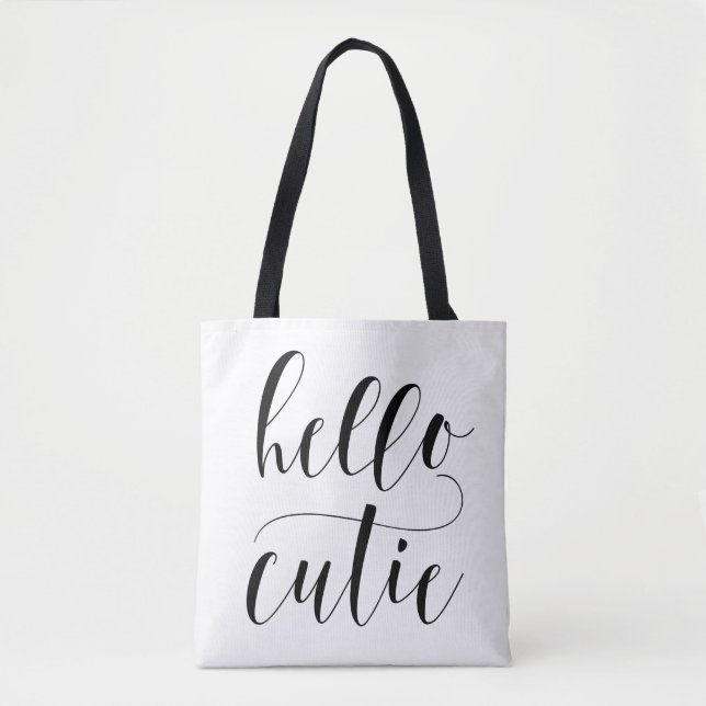 Hello Cutie Black Modern Calligraphy Polka Dots Tote Bag (Front)