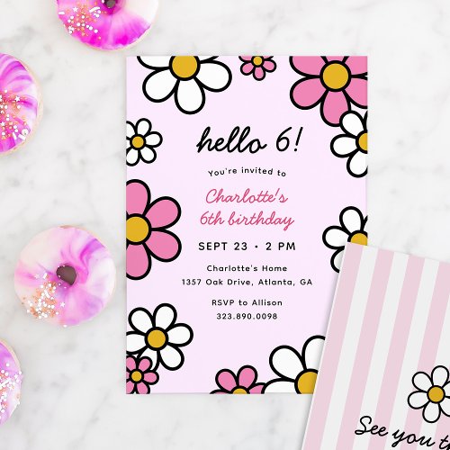 Hello Cutie Cartoon Daisies Pink Birthday Party Invitation