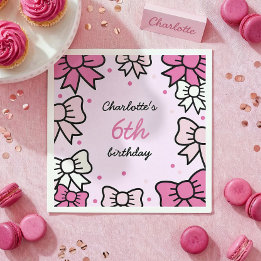 Hello Cutie Cartoon Pink Bow Birthday Party Napkins
