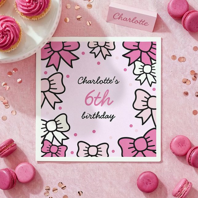 Hello Cutie Cartoon Pink Bow Birthday Party Napkins (Creator Uploaded)