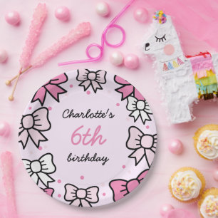 Hello Cutie Cartoon Pink Bow Birthday Party Paper Plates
