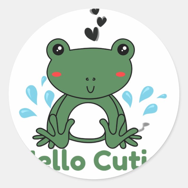 Hello Cutie Frog Sticker – Cute Aesthetic Round St (Front)