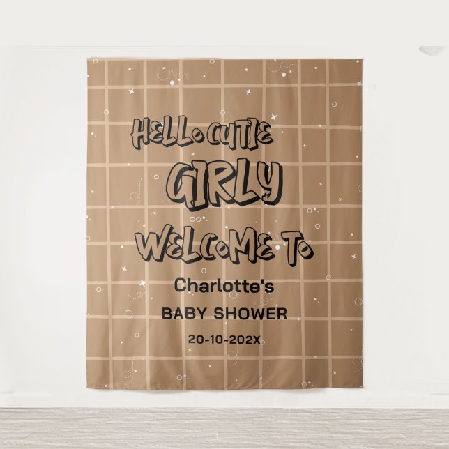 Hello Cutie Girly Cute Brown Gingham Baby Backdrop (Front)
