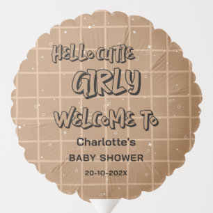 Hello Cutie Girly Cute Brown Gingham Baby Shower Balloon