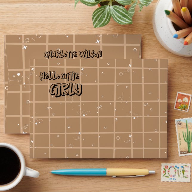 Hello Cutie Girly Cute Brown Gingham Baby Shower Envelope (Desk)