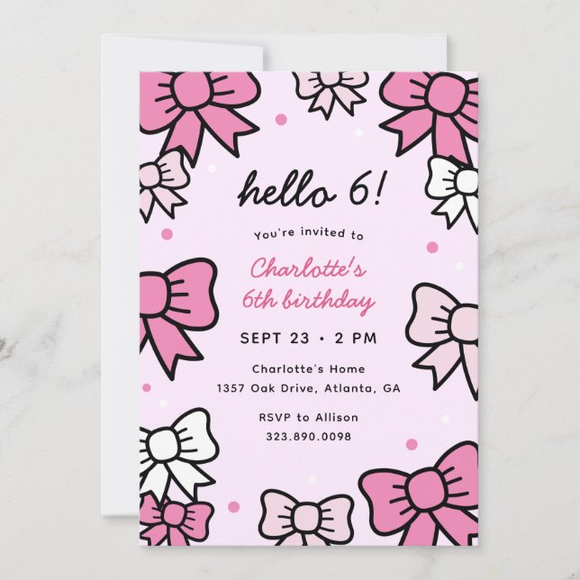Hello Cutie Pink Cartoon Bows Birthday Party Invitation (Front)