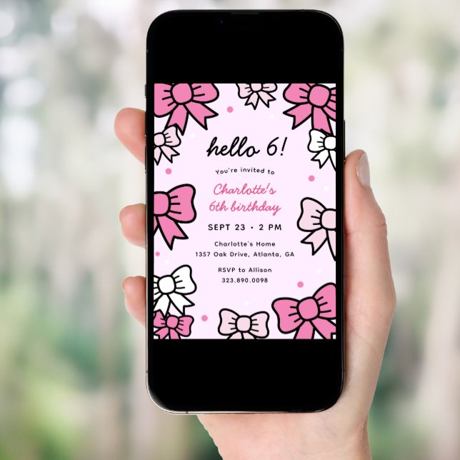 Hello Cutie Pink Cartoon Bows Birthday Party Invitation (Front Digital)