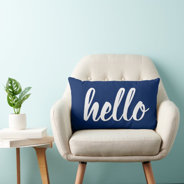 Hello Dark Blue White Modern Script Typography Lumbar Pillow (Chair)
