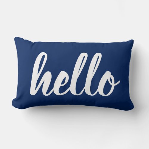 Hello Dark Blue White Modern Script Typography Lumbar Pillow