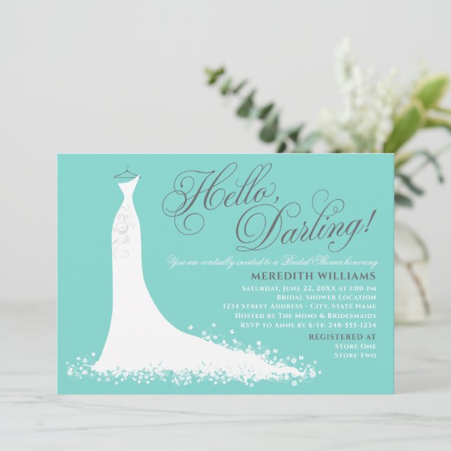 Hello Darling Aqua Wedding Bridal Shower Invitation (Standing Front)