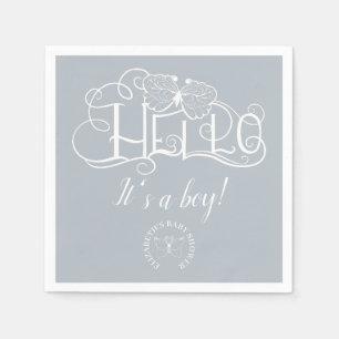 Hello decorative script dusty blue it's a boy napkins