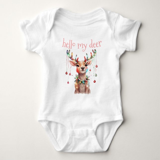 Hello Deer Whimsy Reindeer and Christmas Lights Baby Bodysuit (Front)