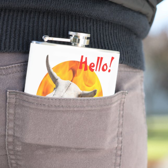 Hello! Demon's skull and fire Hip Flask (In Situ)