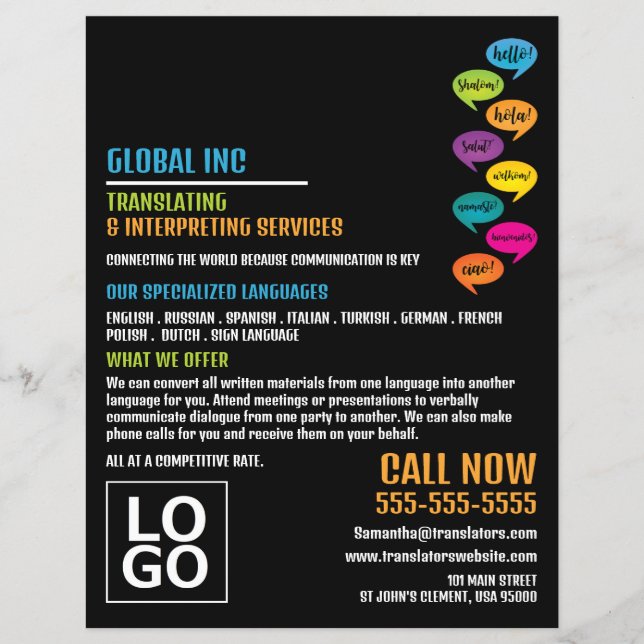 Hello Design, Translator & Interpreter Flyer (Front)