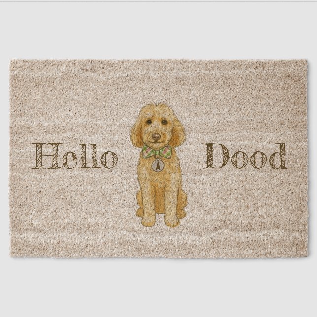 "Hello Dood" Door Mat - Cute & Preppy Goldendoodle (Front)