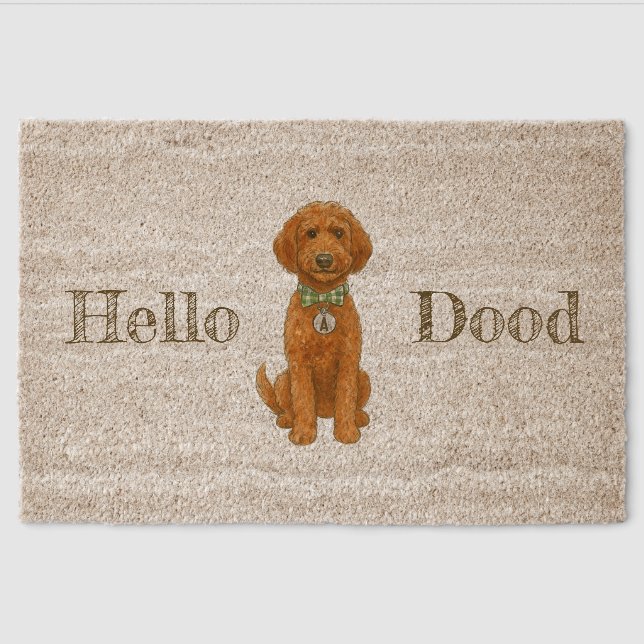 Hello Dood - Red Doodle Dog Mat (Front)