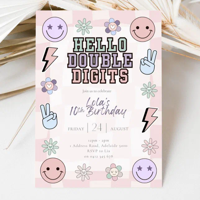 Hello Double Digits Birthday Invitation Girl, 10th | Zazzle