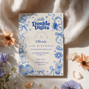 Hello Double Digits Blue Preppy Birthday Invitation
