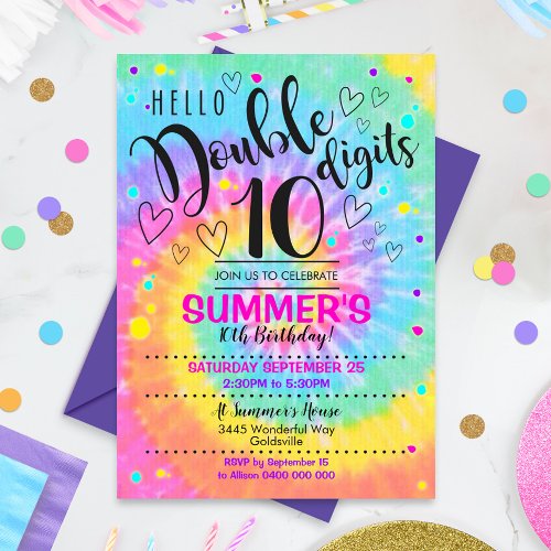 Hello Double Digits Party Invitation Tie Dye 10th