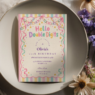 Hello Double Digits Pastel Rainbow Birthday Invitation