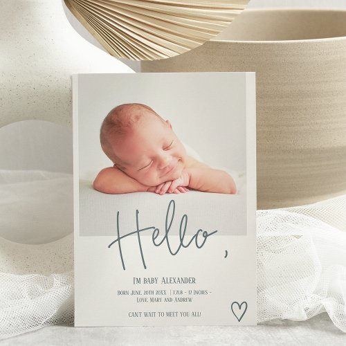 Hello dusty blue script heart photo boy baby birth announcement