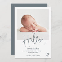 Hello dusty blue script heart photo boy baby birth announcement