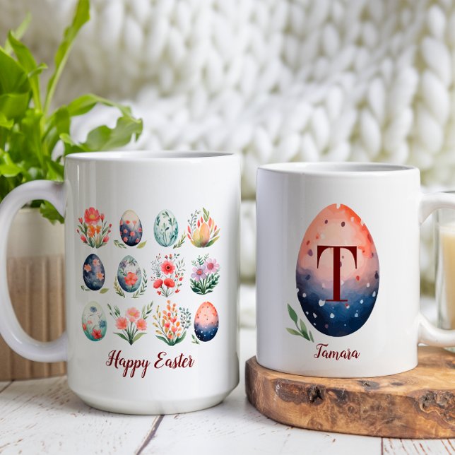 Hello Easter Colorful Watercolor Egg Monogram Coffee Mug (Creator Uploaded)