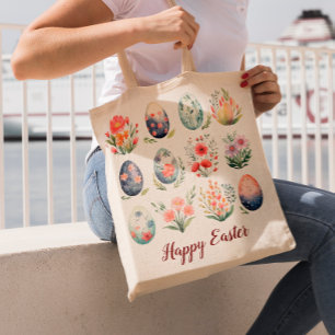 Hello Easter Colorful Watercolor Egg Monogram Tote Bag